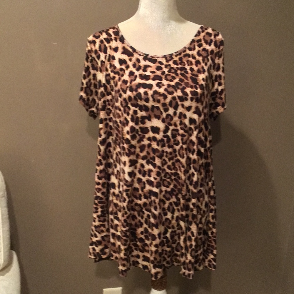 Larace Women's V-Neck Leopard Print Short Sleeve Swing Tunic Top - Size L